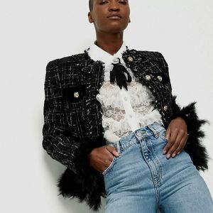 Black Feather Cuff Bouclé Trophy Jacket - RIVER ISLAND